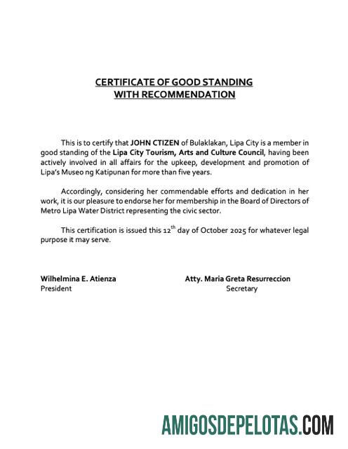 Certificado de boa reputação das Filipinas em branco, modelo Word e PDF, versão 9